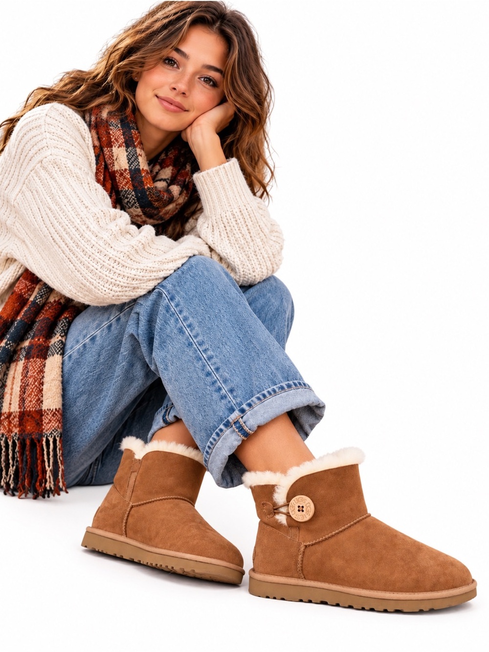 UGG Mini Bailey Button II Suede Ankle Boot - Chestnut Brown Youth Size 6 1016422